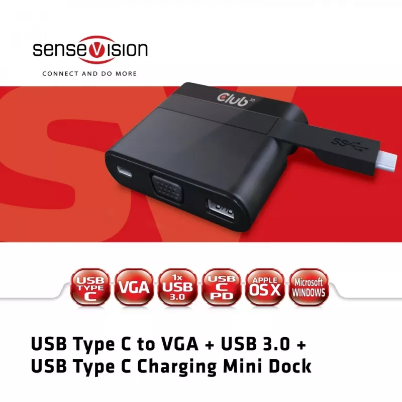 CLUB3D Mini dock USB Type-C a VGA + USB 3.0 + carga USB Type-C