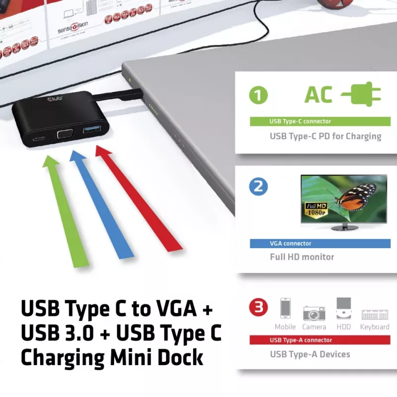 CLUB3D Mini dock USB Type-C a VGA + USB 3.0 + carga USB Type-C