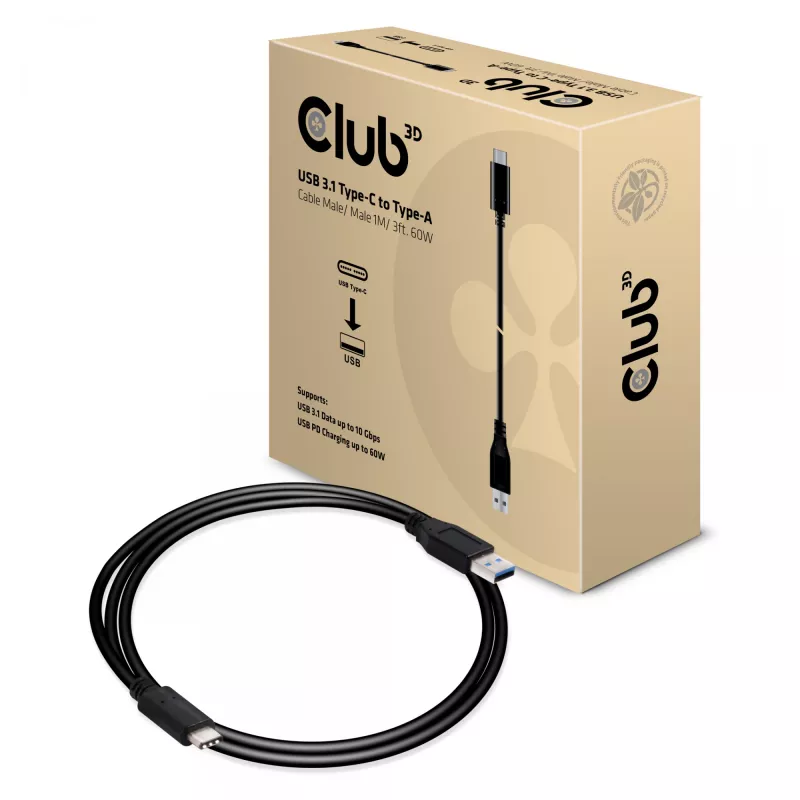 Club 3D CAC-1523 cable de USB-C a USB-A, USB 3.1 Gen 2, 10 Gbps, PD 60 W, macho/macho, 1 m, negro