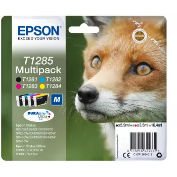 Epson Fox multipack 4 colores T1285 DURABrite Ultra tinta, negro, cian, magenta, amarillo, 5,9 ml, 3,5 ml, 1 ud., multipack