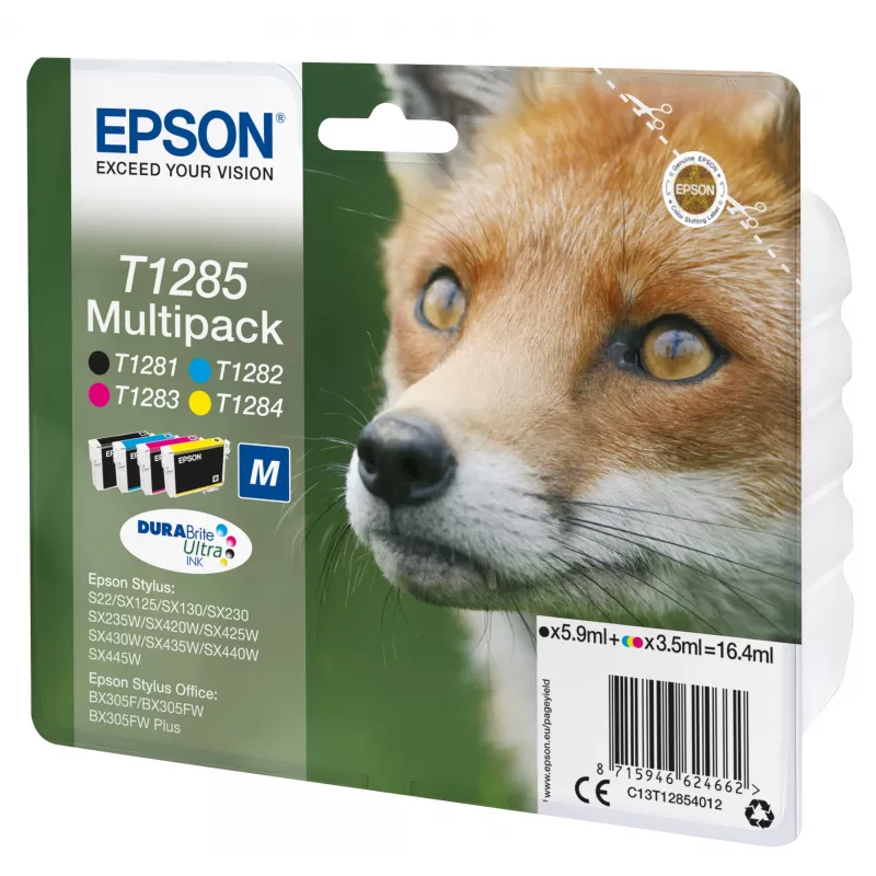 Epson Fox multipack 4 colores T1285 DURABrite Ultra tinta, negro, cian, magenta, amarillo, 5,9 ml, 3,5 ml, 1 ud., multipack