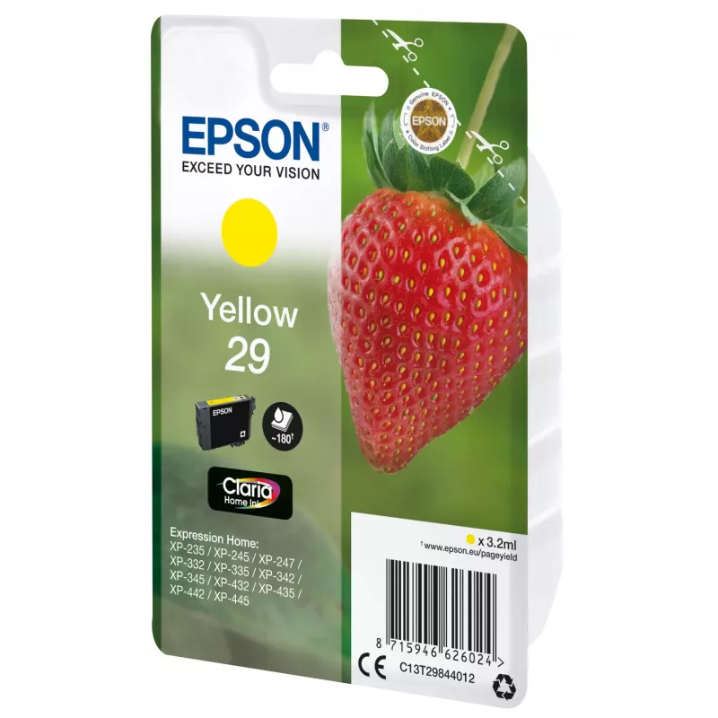 Epson Strawberry pack individual amarillo 29 Claria Home Ink, rendimiento estándar, amarillo, tinta pigmentada, 3.2 ml, 1 ud., 180 páginas