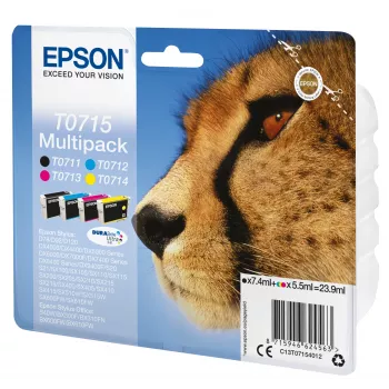 Epson multipack 4 colores T0715 DURABrite Ultra tinta, rendimiento estándar, negro, cian, magenta, amarillo, 7.4 ml, 5.5 ml, 1 ud., multipack