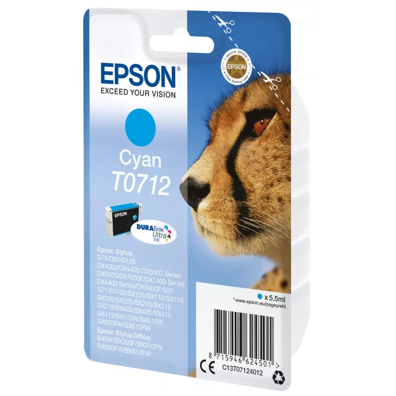 Epson pack individual cian T0712 tinta DURABrite Ultra, rendimiento estándar, cian, 5,5 ml, 1 ud.