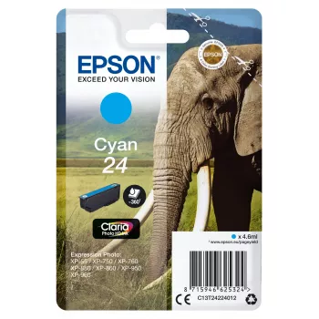 Epson Elephant pack individual cian 24 tinta Claria Photo HD, rendimiento estándar, cian, tinta de colorante, 4,6 ml, 1 ud., 360 páginas