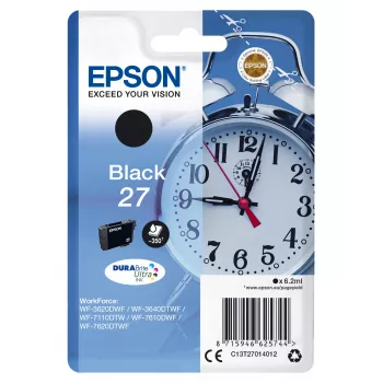 Epson Alarm clock pack individual negro 27 tinta DURABrite Ultra, capacidad estándar, negro, tinta pigmentada, 6,2 ml, 1 ud., 350 páginas