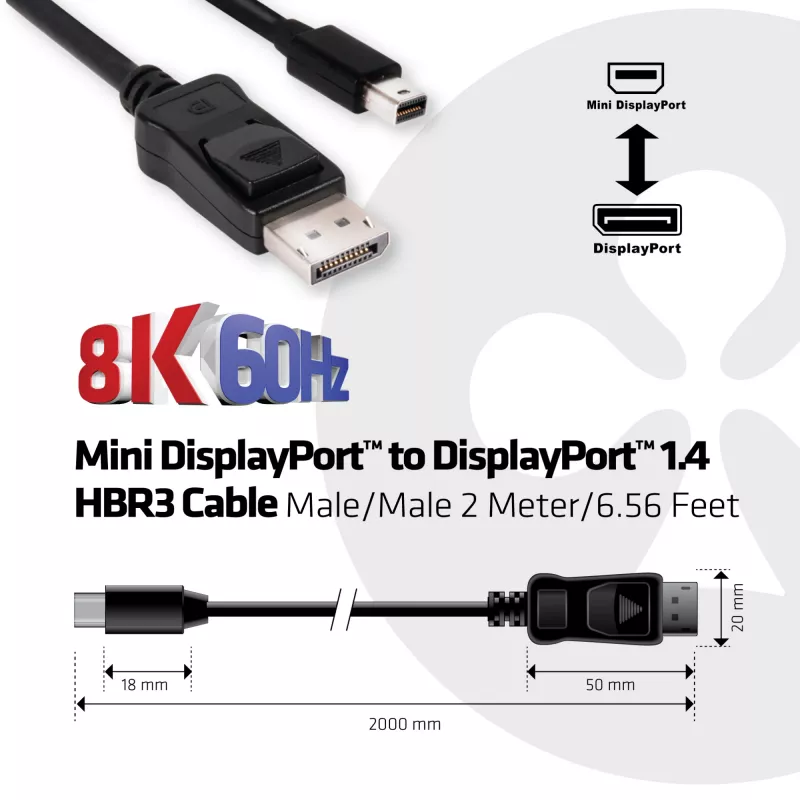 Club 3D CAC-1115 cable de Mini DisplayPort 1.4 a DisplayPort 1.4, HBR3, 8K60Hz, 2 m, negro