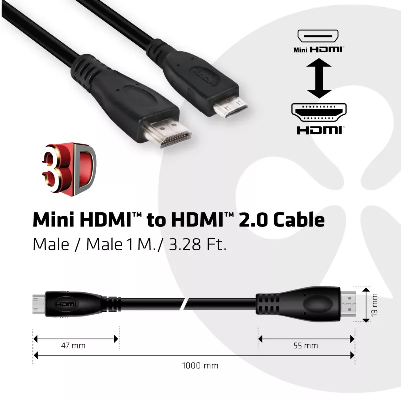 Club 3D CAC-1350 cable de Mini HDMI a HDMI 2.0, 4K60Hz, macho/macho, 1 m, negro
