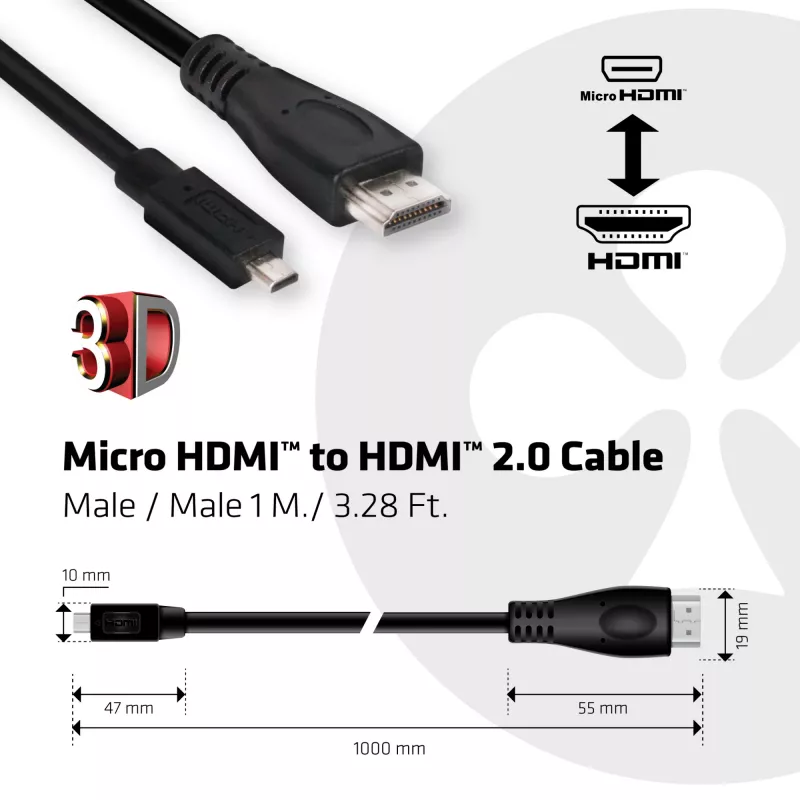Club 3D CAC-1351 cable de Micro HDMI a HDMI 2.0, 4K60Hz, macho/macho, 1 m, negro