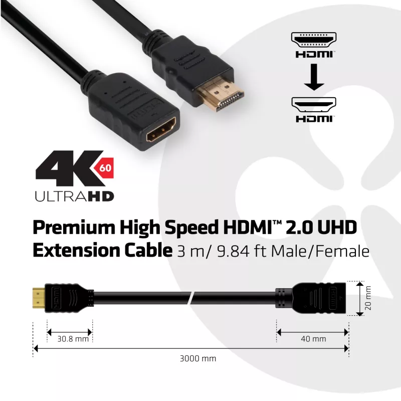 Club 3D CAC-1321 cable alargador High Speed HDMI 2.0, 4K60Hz, macho/hembra, 3 m, negro