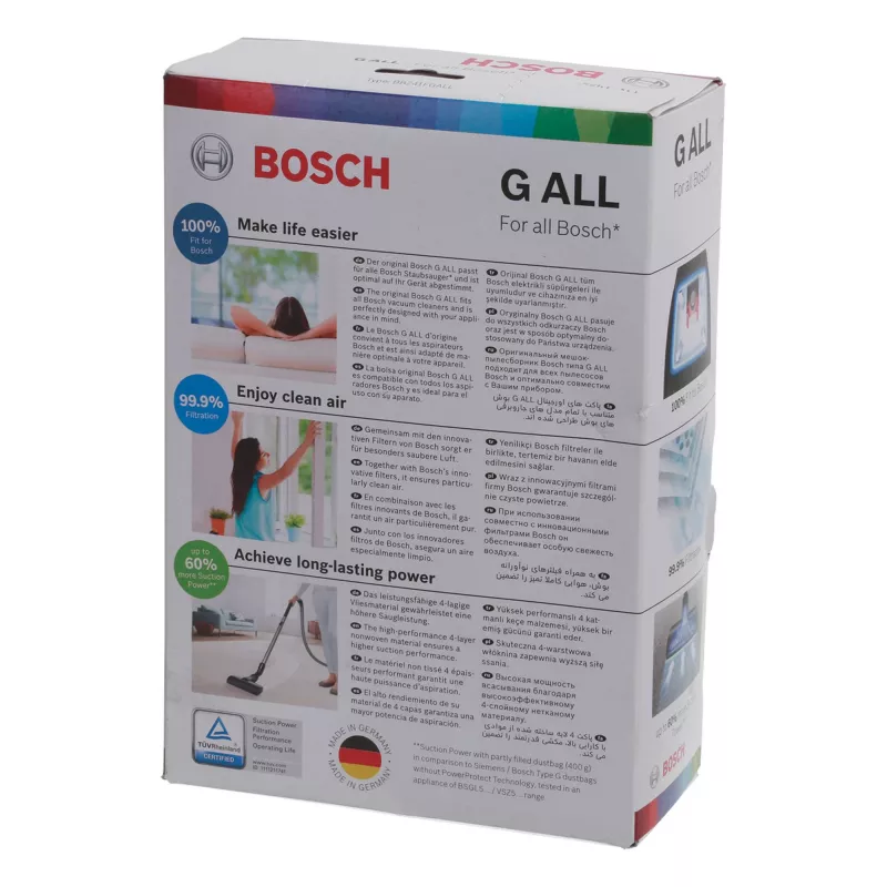 Accesorio para aspirador Bosch BBZ 41FGALL — 4 bolsas de polvo y 1 filtro, peso 0,14 kg, envase compacto