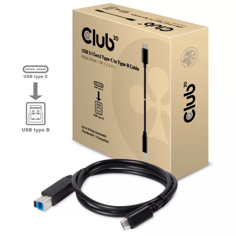 Cable CLUB3D USB 3.1 Gen2 Type-C a Type-B macho/macho, 1 m / 3.3 ft