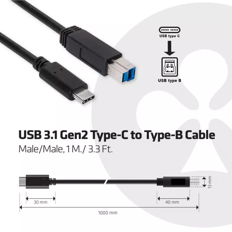 Cable CLUB3D USB 3.1 Gen2 Type-C a Type-B macho/macho, 1 m / 3.3 ft