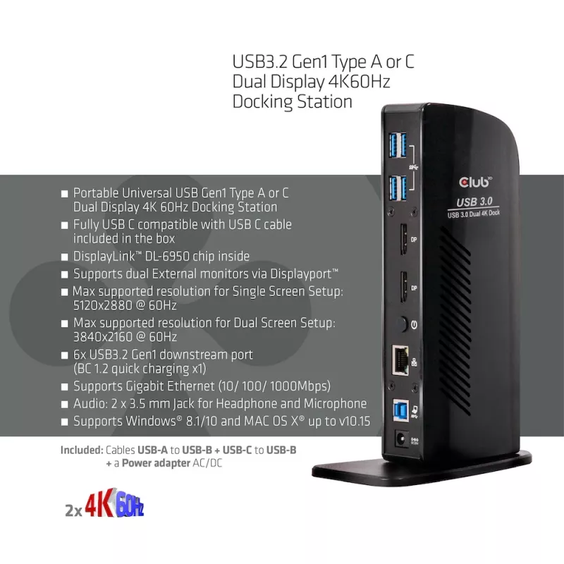 Estación de acoplamiento CLUB3D USB3.2 Gen1 tipo A o C doble pantalla 4K60Hz DisplayLink® certificada