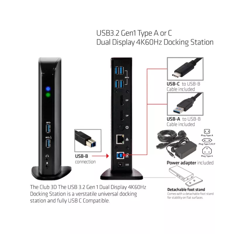 Estación de acoplamiento CLUB3D USB3.2 Gen1 tipo A o C doble pantalla 4K60Hz DisplayLink® certificada