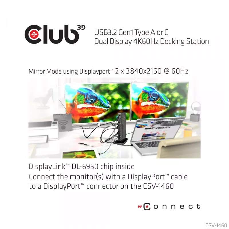 Estación de acoplamiento CLUB3D USB3.2 Gen1 tipo A o C doble pantalla 4K60Hz DisplayLink® certificada