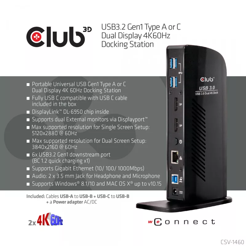 Estación de acoplamiento CLUB3D USB3.2 Gen1 tipo A o C doble pantalla 4K60Hz DisplayLink® certificada