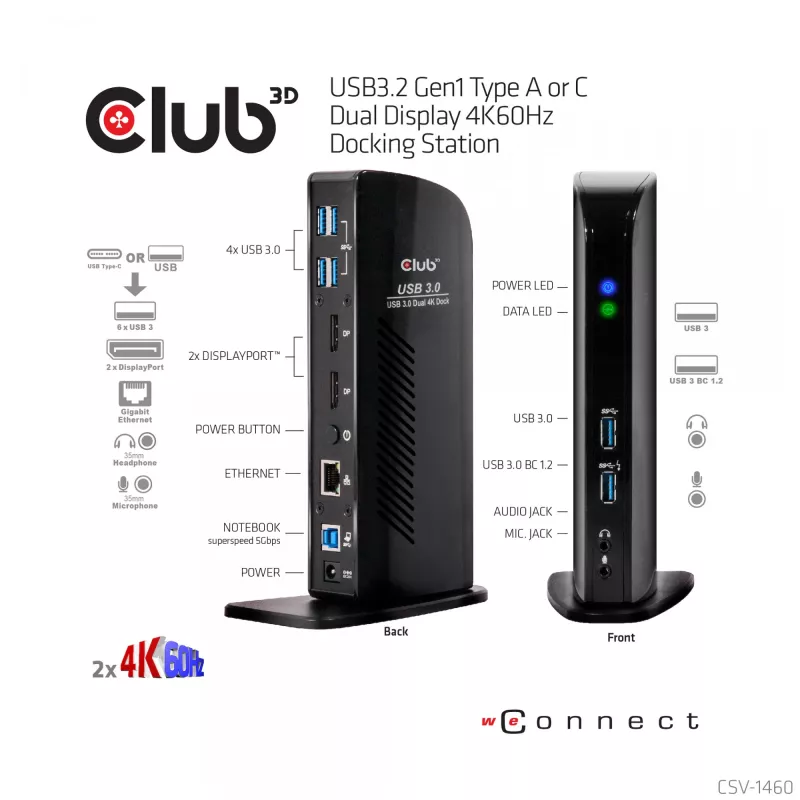 Estación de acoplamiento CLUB3D USB3.2 Gen1 tipo A o C doble pantalla 4K60Hz DisplayLink® certificada