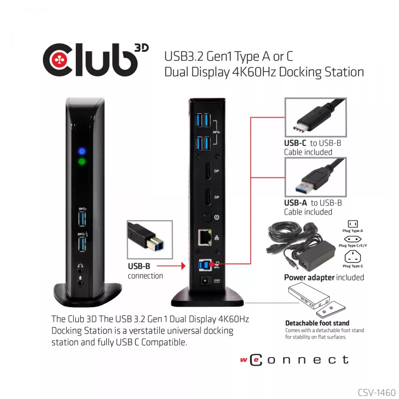 Estación de acoplamiento CLUB3D USB3.2 Gen1 tipo A o C doble pantalla 4K60Hz DisplayLink® certificada