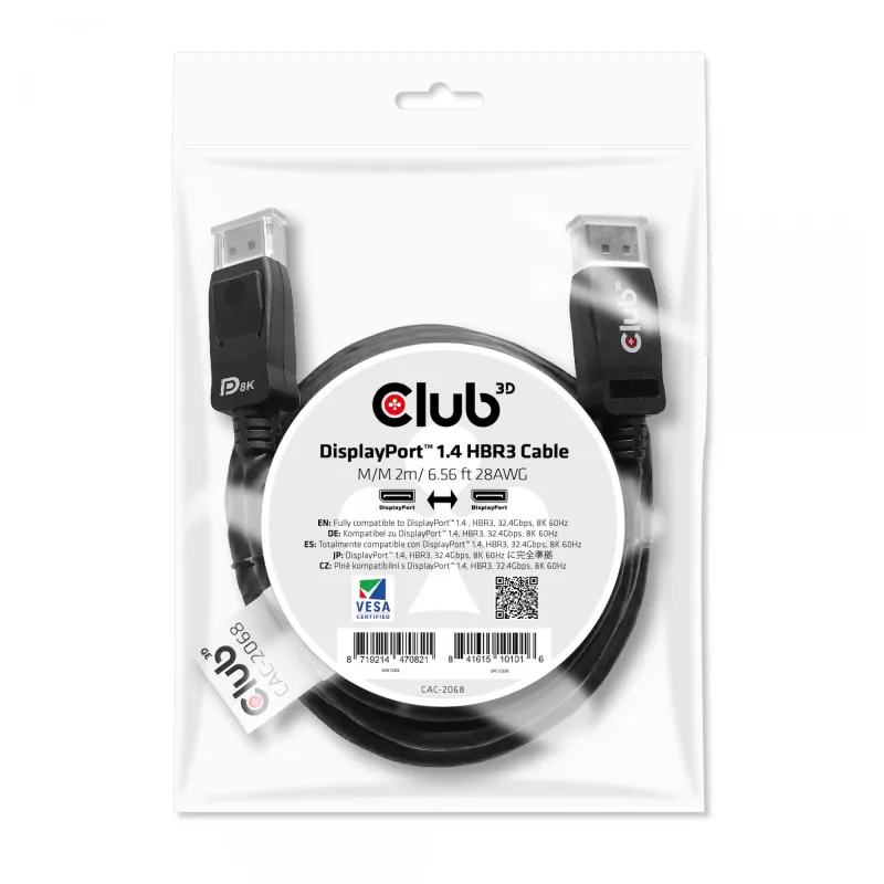 Club 3D CAC-2068 cable DisplayPort 1.4, HBR3, 32,4 Gbps, 8K60Hz, M/M, 2 m, negro