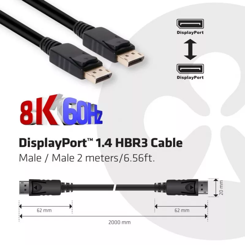 Club 3D CAC-2068 cable DisplayPort 1.4, HBR3, 32,4 Gbps, 8K60Hz, M/M, 2 m, negro
