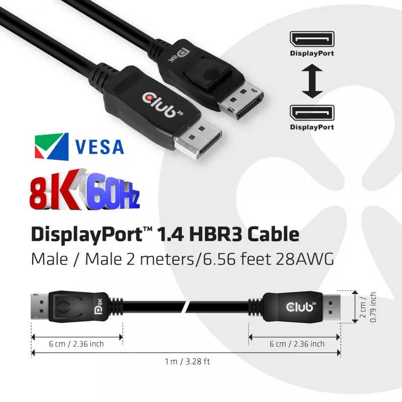 Club 3D CAC-2068 cable DisplayPort 1.4, HBR3, 32,4 Gbps, 8K60Hz, M/M, 2 m, negro