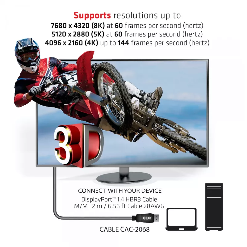 Club 3D CAC-2068 cable DisplayPort 1.4, HBR3, 32,4 Gbps, 8K60Hz, M/M, 2 m, negro