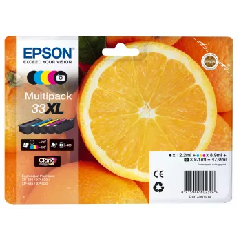 Tinta Epson Oranges multipack 5 colores 33XL Claria Premium, alto rendimiento (XL), negro, negro foto, cian, magenta, amarillo, tinta pigmentada, tinta a base de colorante, 12.2 ml, 8.9 ml