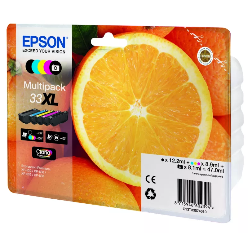 Tinta Epson Oranges multipack 5 colores 33XL Claria Premium, alto rendimiento (XL), negro, negro foto, cian, magenta, amarillo, tinta pigmentada, tinta a base de colorante, 12.2 ml, 8.9 ml