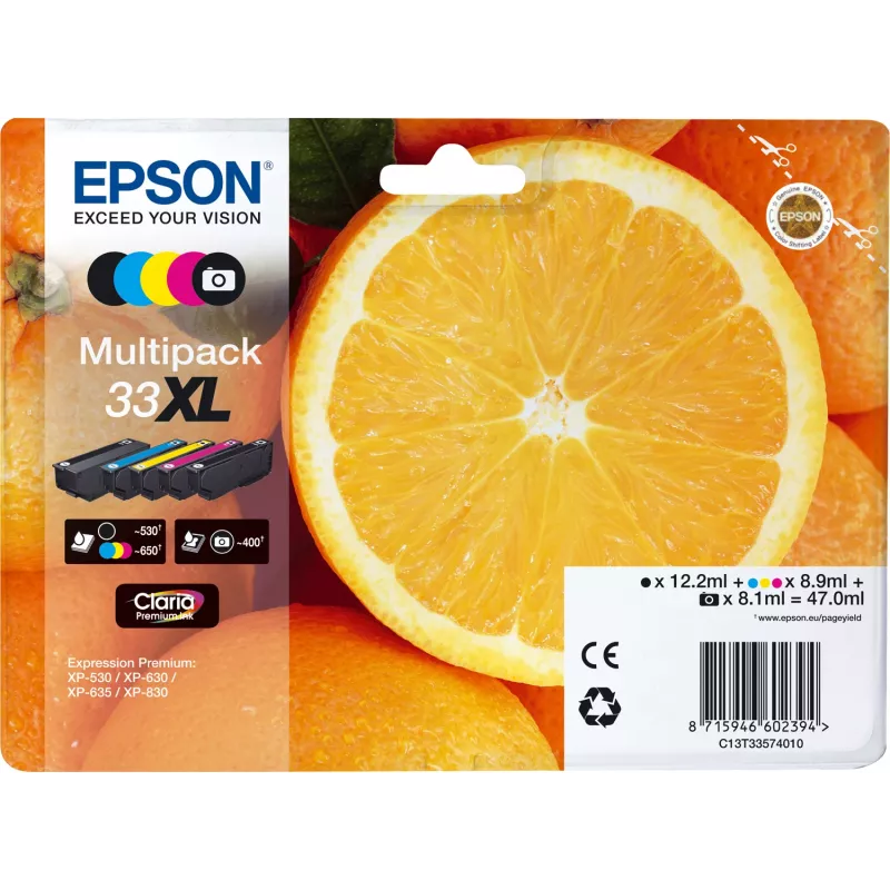 Tinta Epson Oranges multipack 5 colores 33XL Claria Premium, alto rendimiento (XL), negro, negro foto, cian, magenta, amarillo, tinta pigmentada, tinta a base de colorante, 12.2 ml, 8.9 ml