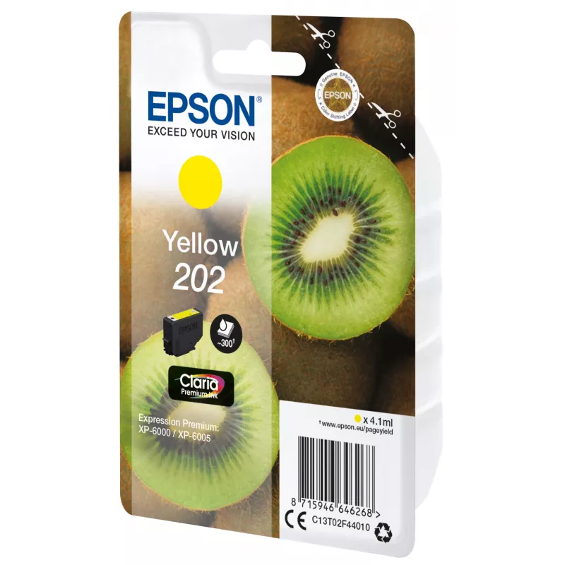 Tinta Epson Kiwi pack individual amarillo 202 Claria Premium Ink, rendimiento estándar, amarillo, tinta pigmentada, 4,1 ml, 1 ud., 300 páginas