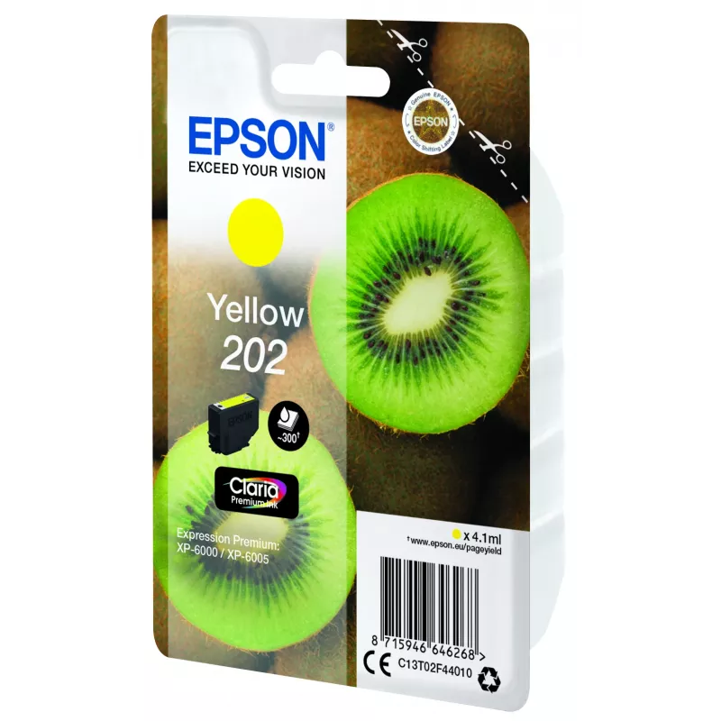 Tinta Epson Kiwi pack individual amarillo 202 Claria Premium Ink, rendimiento estándar, amarillo, tinta pigmentada, 4,1 ml, 1 ud., 300 páginas