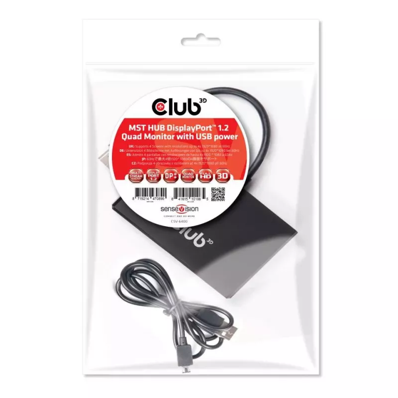 CLUB3D Multi Stream Transport Hub DisplayPort 1.2 Cuatro monitores alimentado por USB