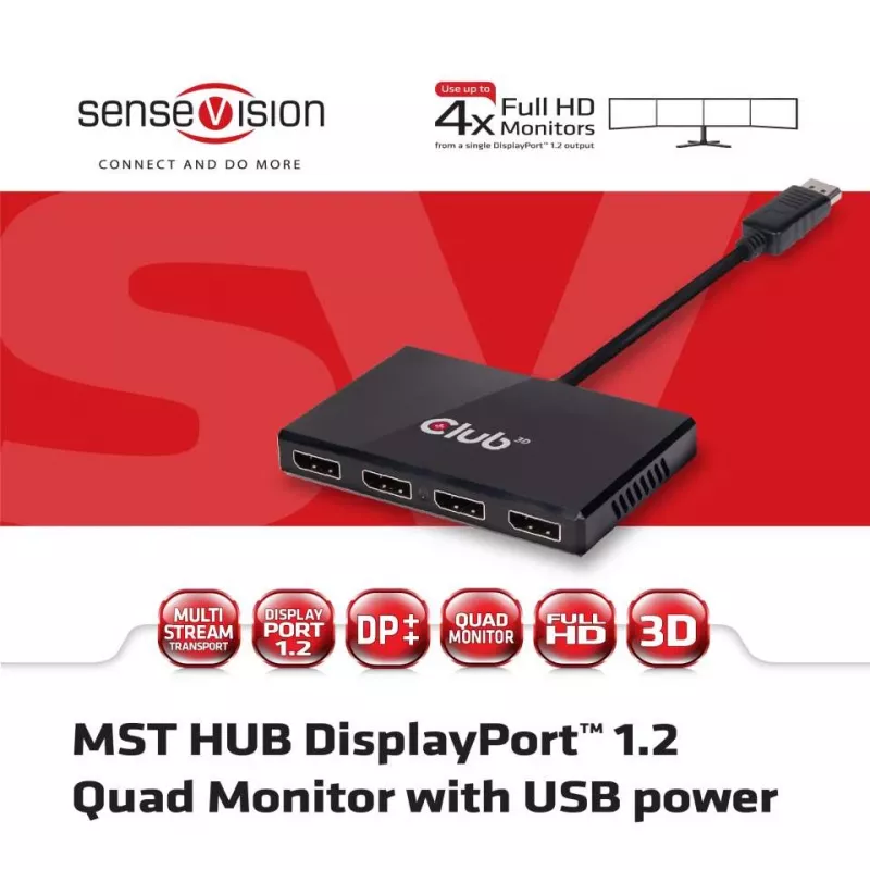 CLUB3D Multi Stream Transport Hub DisplayPort 1.2 Cuatro monitores alimentado por USB