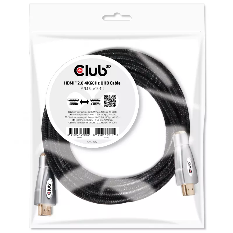 CLUB3D HDMI 2.0 4K60Hz Cable UHD 5m/16.4ft