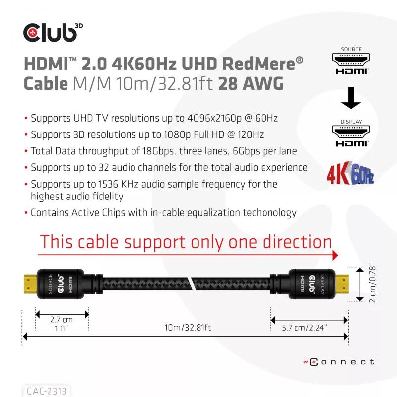 CLUB3D HDMI 2.0 4K60Hz Cable RedMere 10m/32,8ft