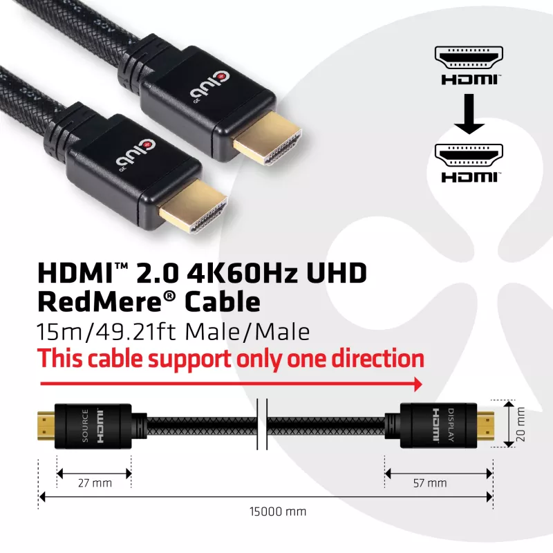 CLUB3D HDMI 2.0 4K60Hz Cable RedMere 15m/49,2ft