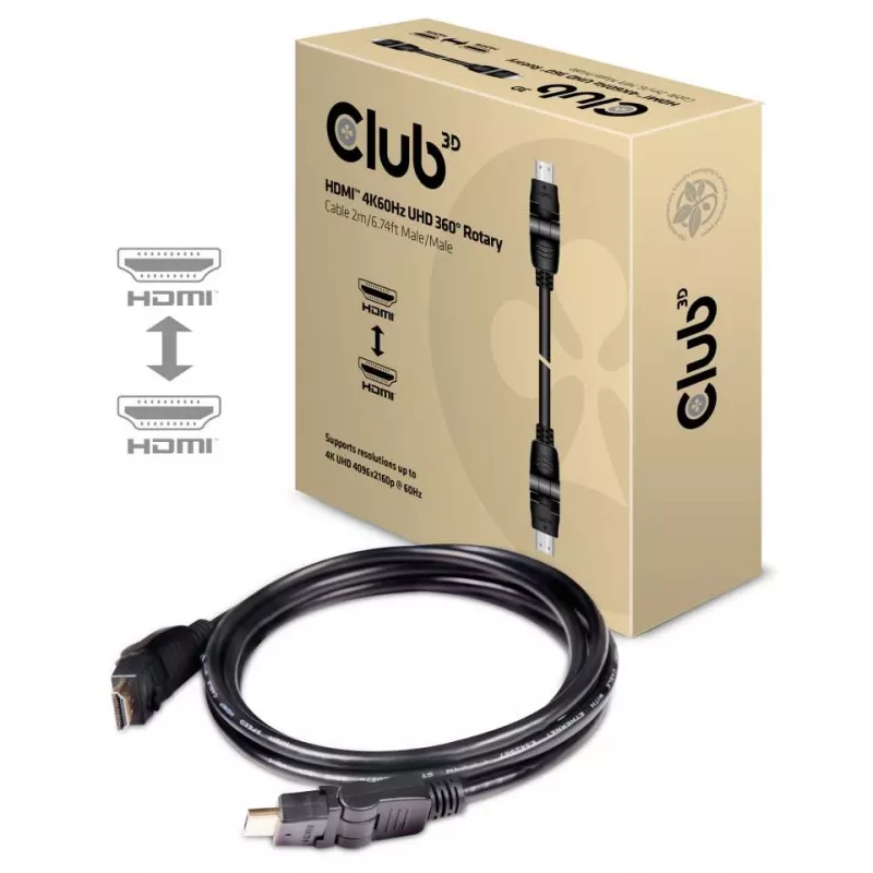 Club 3D CAC-1360 cable HDMI 2.0 con Ethernet, giratorio 360°, 4K60Hz UHD, M/M, 2 m, negro