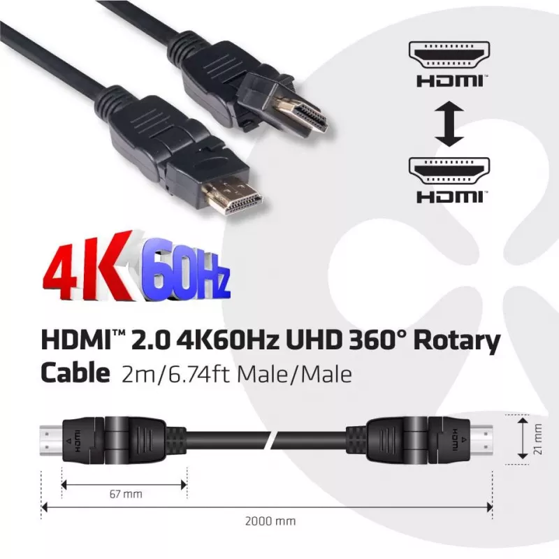 Club 3D CAC-1360 cable HDMI 2.0 con Ethernet, giratorio 360°, 4K60Hz UHD, M/M, 2 m, negro