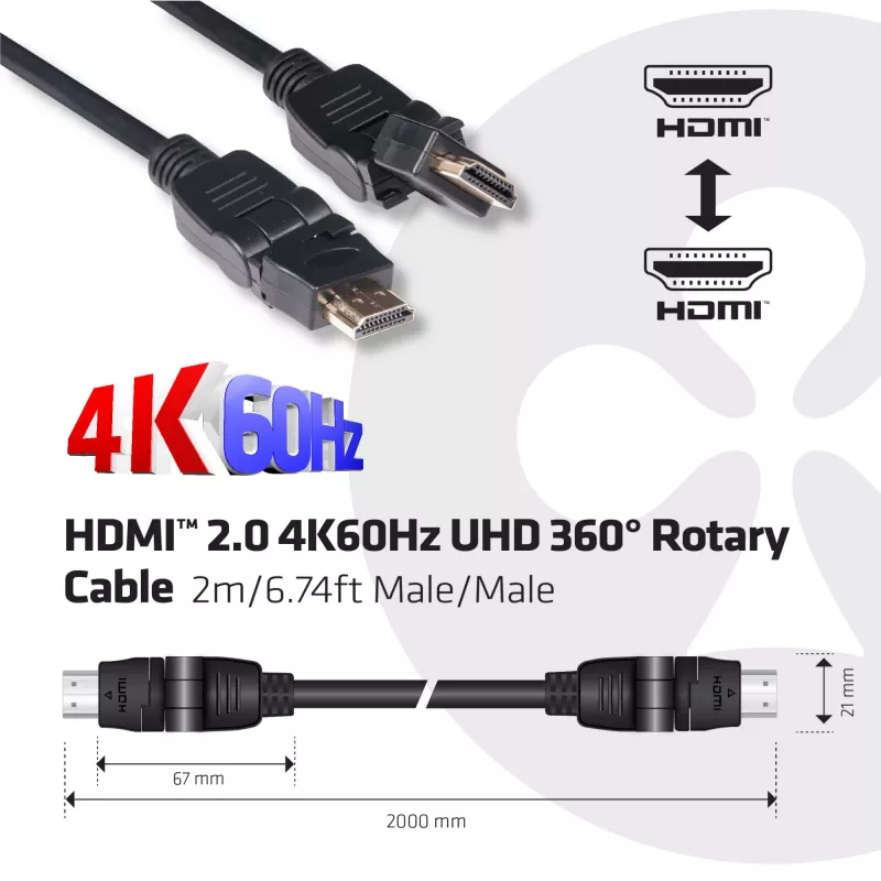 Club 3D CAC-1360 cable HDMI 2.0 con Ethernet, giratorio 360°, 4K60Hz UHD, M/M, 2 m, negro