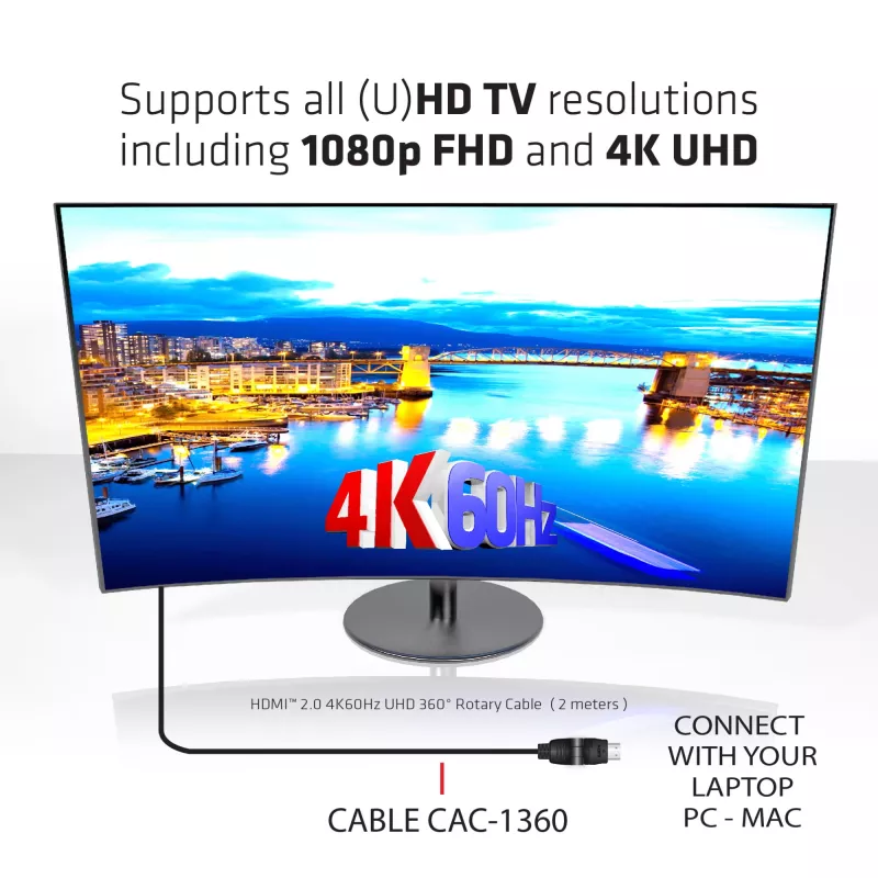 Club 3D CAC-1360 cable HDMI 2.0 con Ethernet, giratorio 360°, 4K60Hz UHD, M/M, 2 m, negro