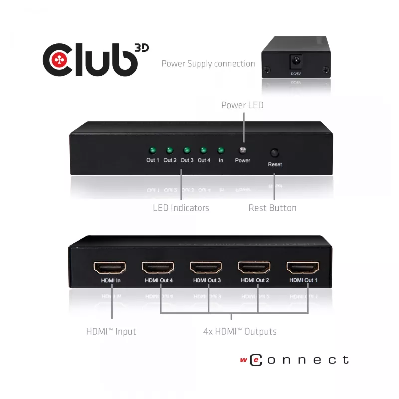 CLUB3D HDMI™ 4K@60Hz UHD Splitter alimentación AC 4 puertos