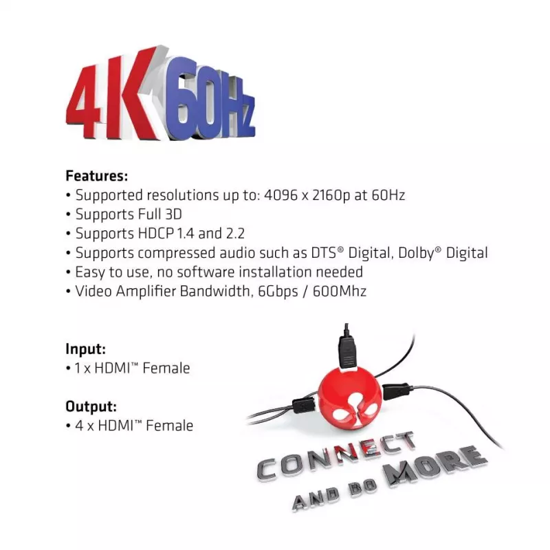 CLUB3D HDMI™ 4K@60Hz UHD Splitter alimentación AC 4 puertos