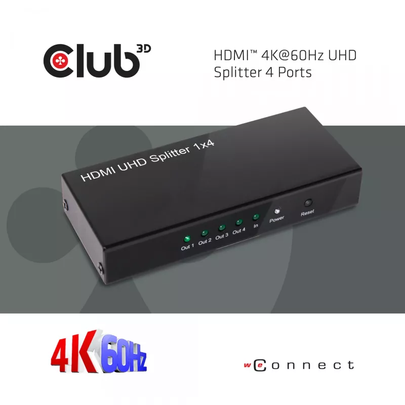 CLUB3D HDMI™ 4K@60Hz UHD Splitter alimentación AC 4 puertos