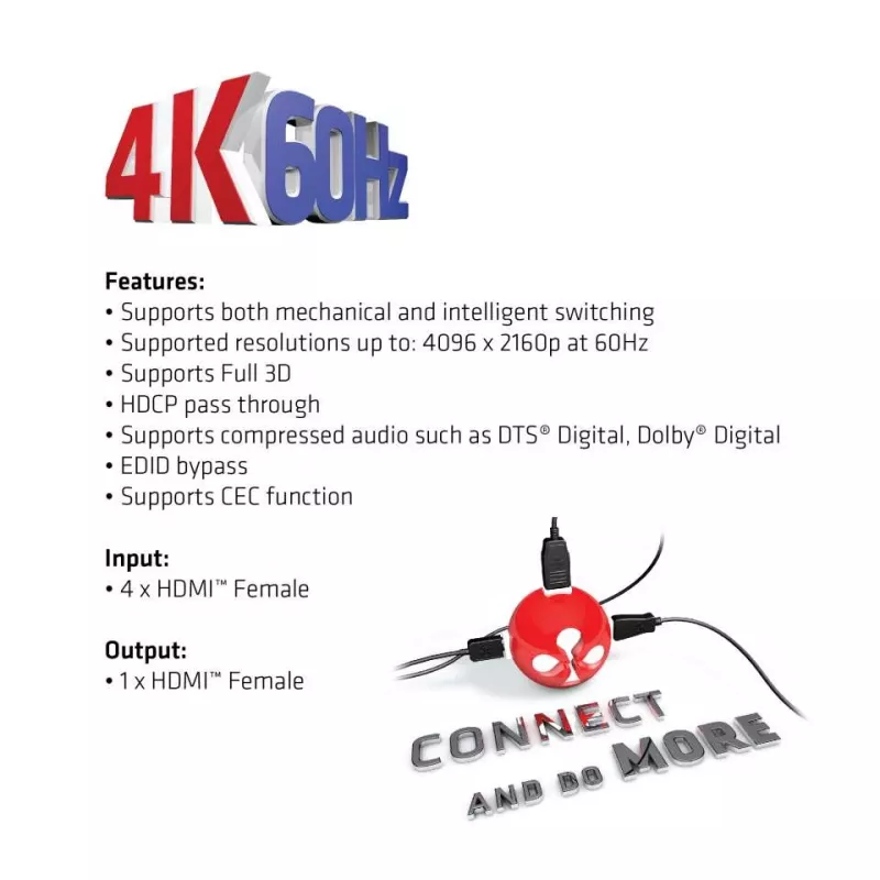 CLUB3D HDMI™ 2.0 UHD 4K60Hz SwitchBox 4 puertos con mando a distancia IR