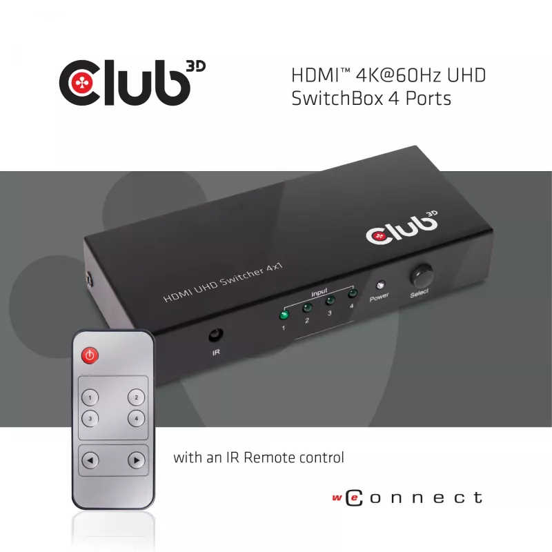 CLUB3D HDMI™ 2.0 UHD 4K60Hz SwitchBox 4 puertos con mando a distancia IR