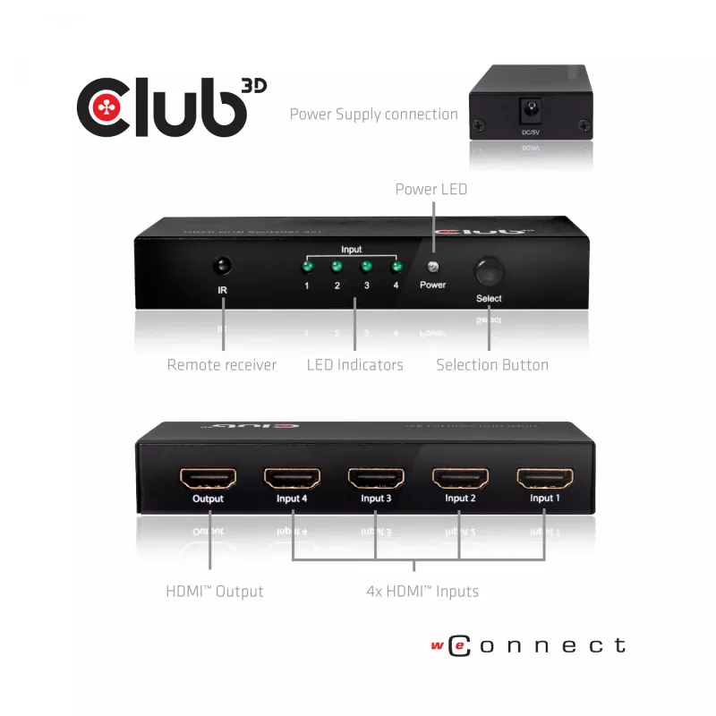 CLUB3D HDMI™ 2.0 UHD 4K60Hz SwitchBox 4 puertos con mando a distancia IR