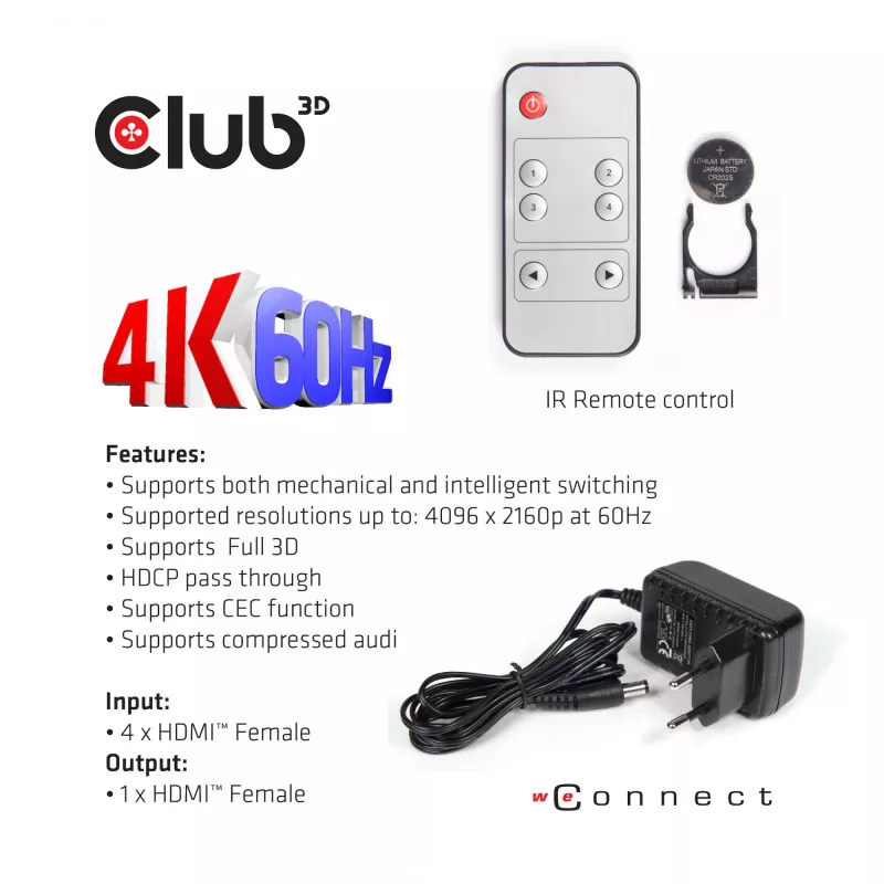 CLUB3D HDMI™ 2.0 UHD 4K60Hz SwitchBox 4 puertos con mando a distancia IR