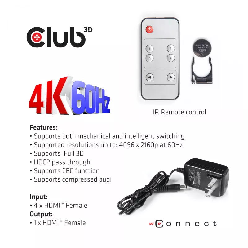 CLUB3D HDMI™ 2.0 UHD 4K60Hz SwitchBox 4 puertos con mando a distancia IR
