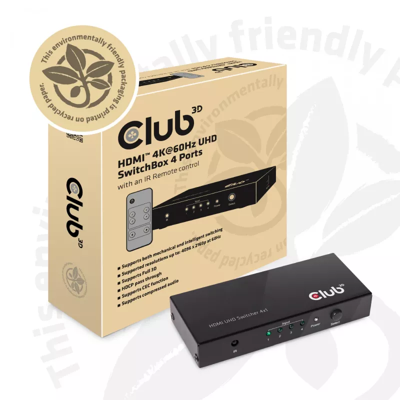 CLUB3D HDMI™ 2.0 UHD 4K60Hz SwitchBox 4 puertos con mando a distancia IR